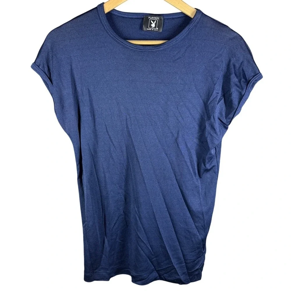 Playboy T-Shirt Womens Navy Blue Vintage Made in USA Cap Sleeve - Picture 1 of 10